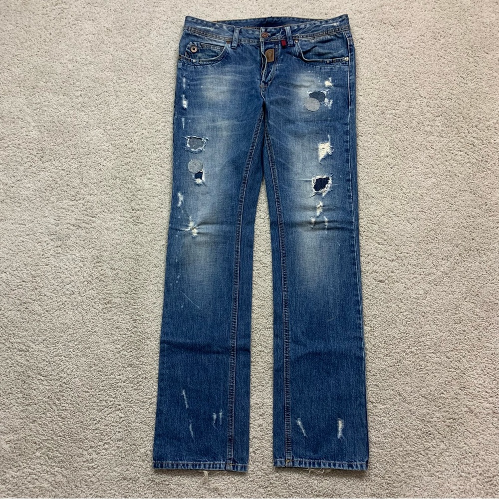 Men’s ZARA ZI Indigo Blue DISTRESSED Denim SLIM Straight Leg BUTTON Fly JEANS